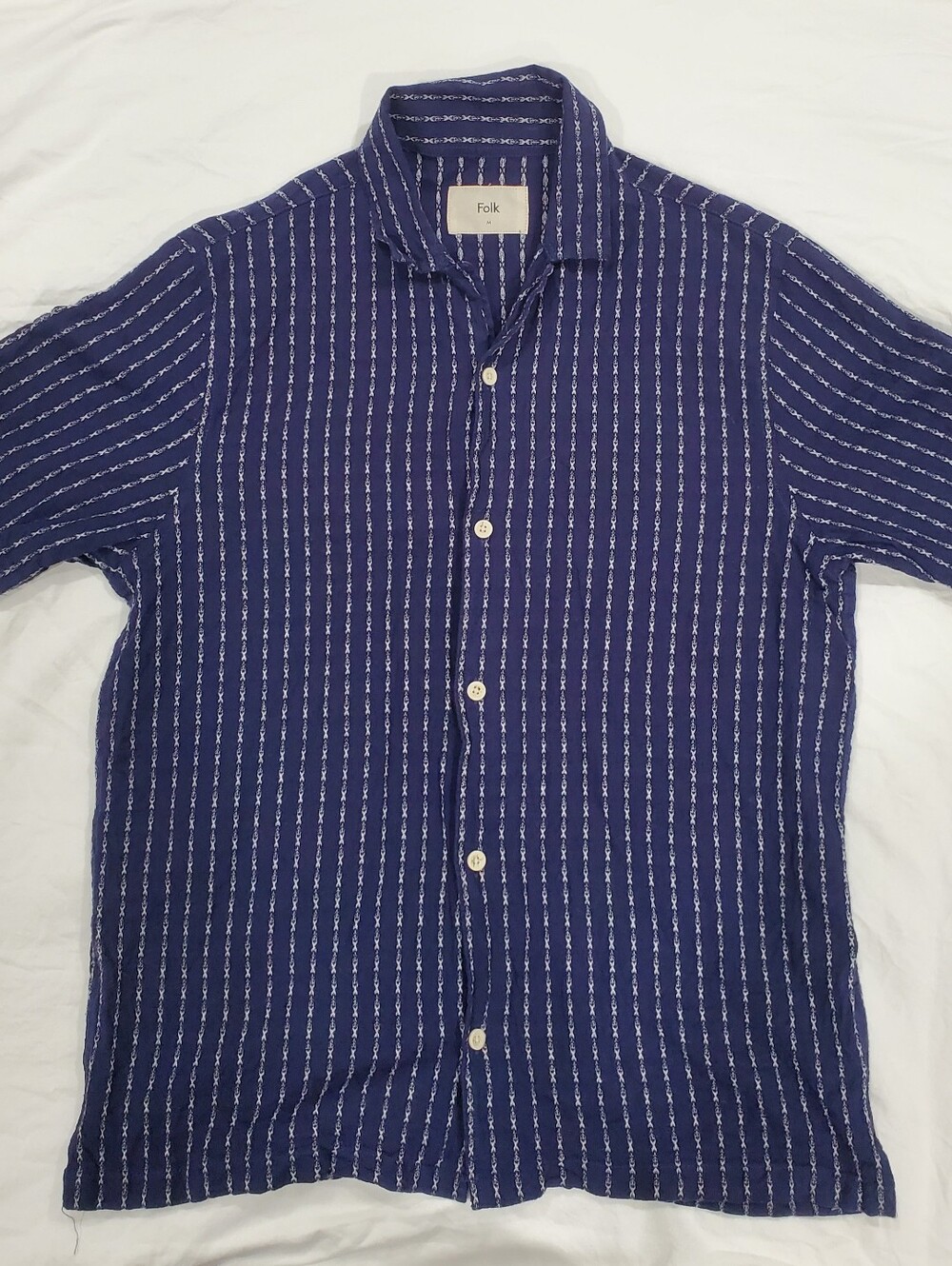Folk Mens Embroidered Chain Stripe Cotton Linen Shirt Blue White Size Medium